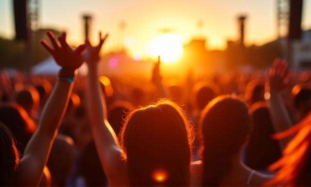 People enjoying a vibrant outdoor music festival crowd