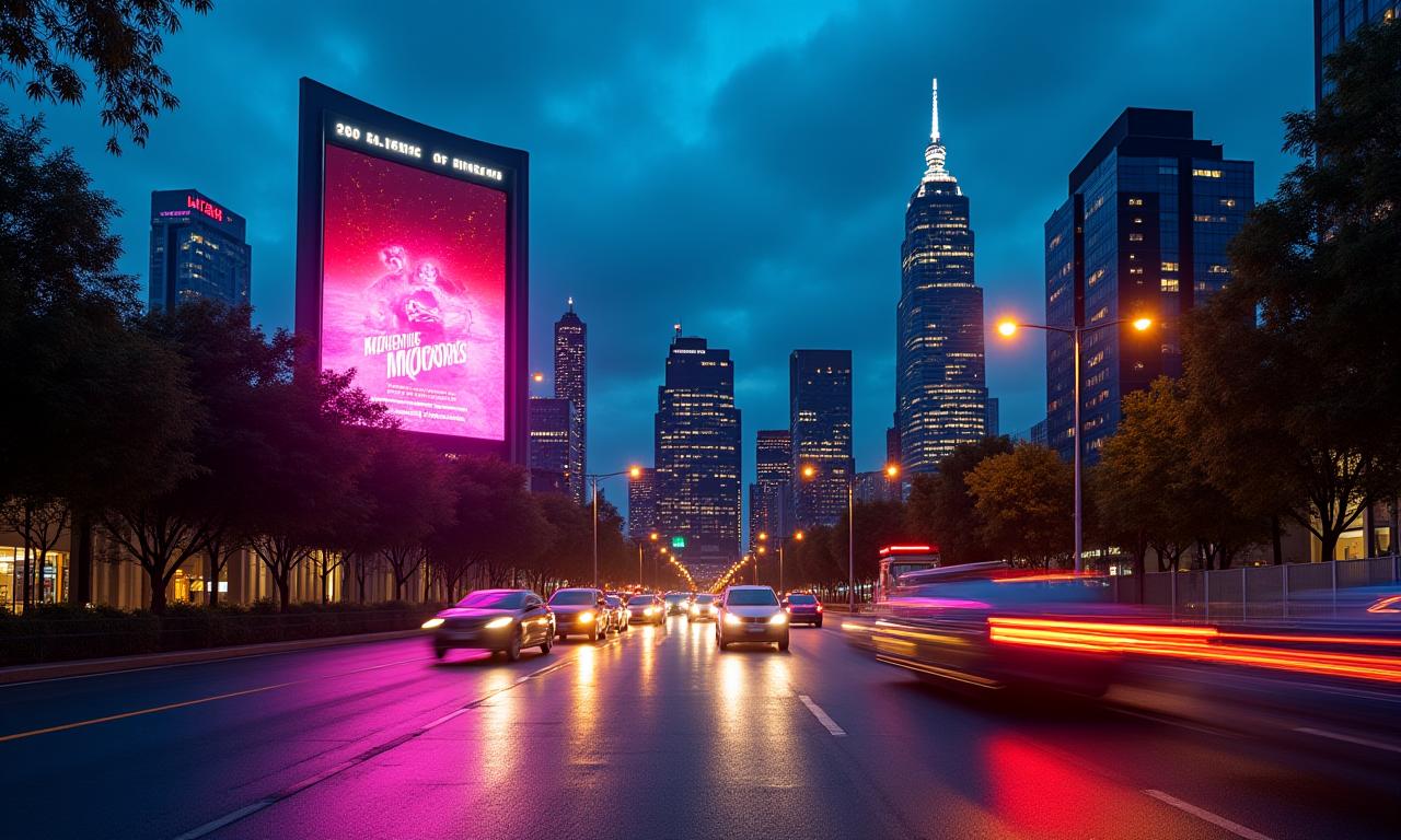 Melbourne skyline at dusk with a large film premiere billboard