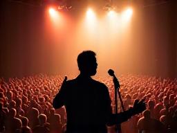 Comedian on stage with microphone, laughing audience