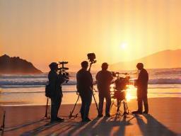 Film crew setting up cameras on a scenic Australian beach